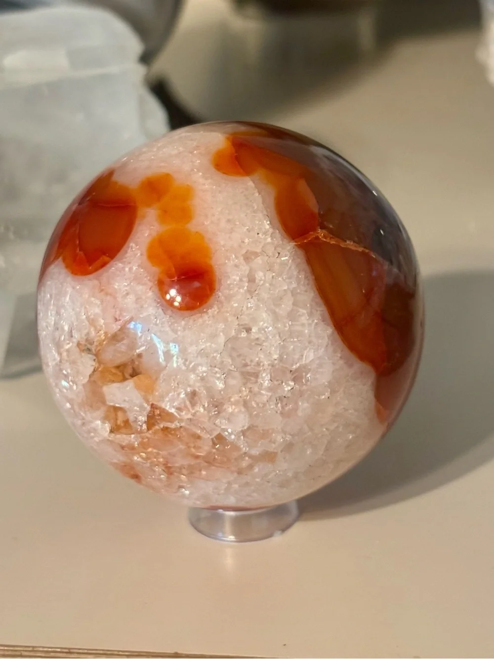 Red Ocean Jasper Sphere with Druzy Pockets – Orbicular Crystal Sphere w Stand